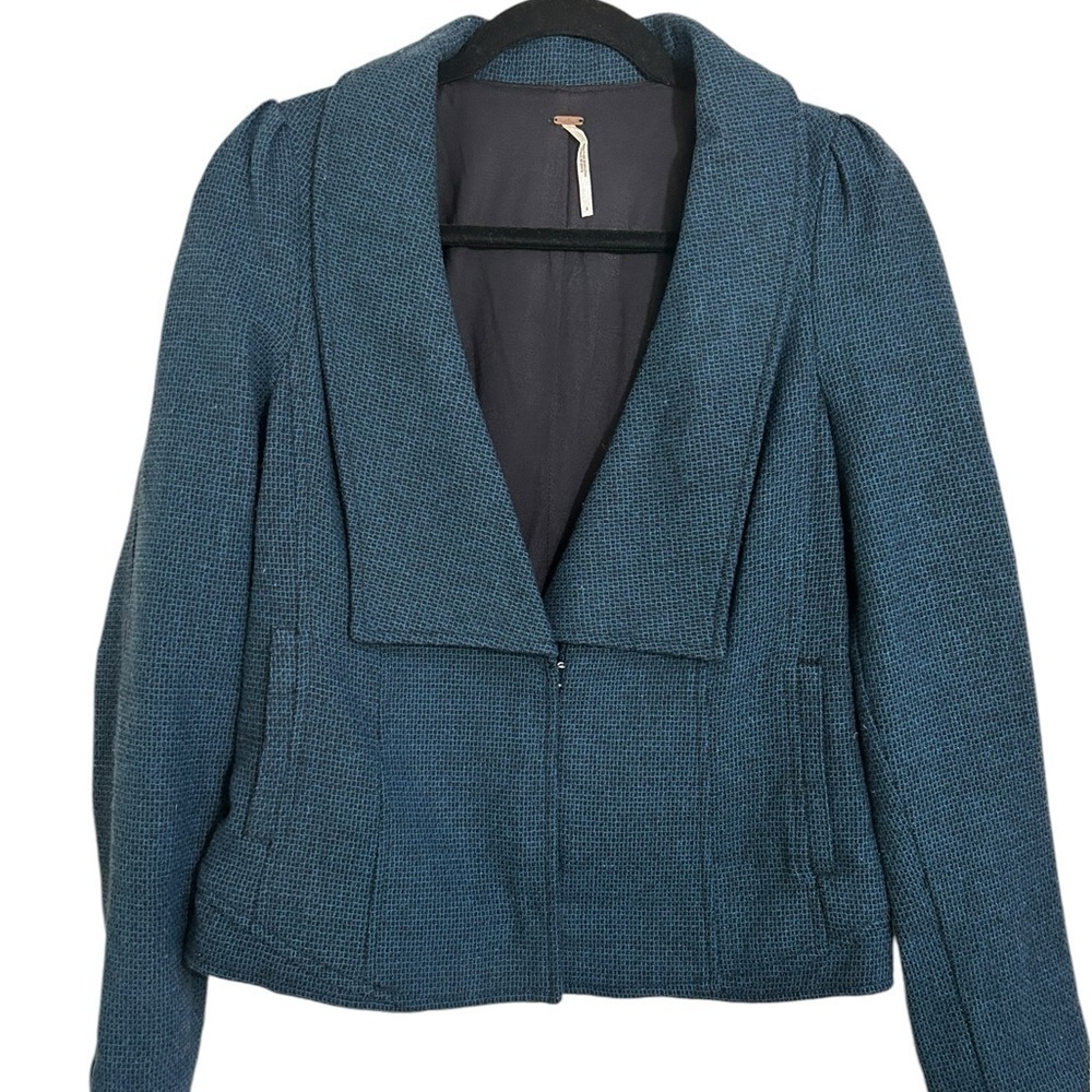 Free People Cropped Tweed Wool Blazer Wool Blend Teal Black Jacket Size 4